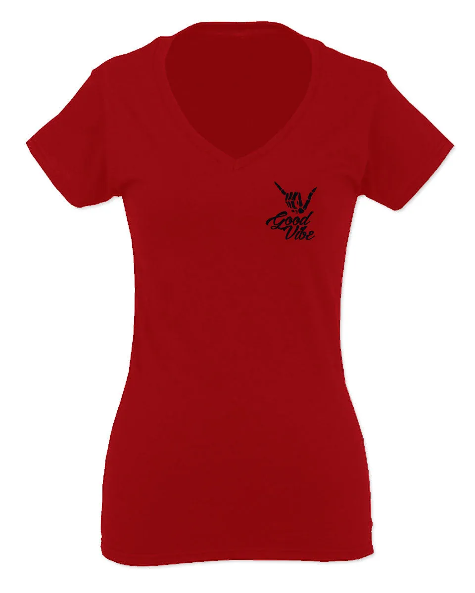Black Good Vibe Bones Hand Shaka Cool Vintage Hipster Graphic For Women V neck fitted T Shirt