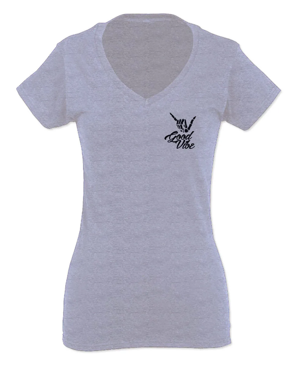 Black Good Vibe Bones Hand Shaka Cool Vintage Hipster Graphic For Women V neck fitted T Shirt