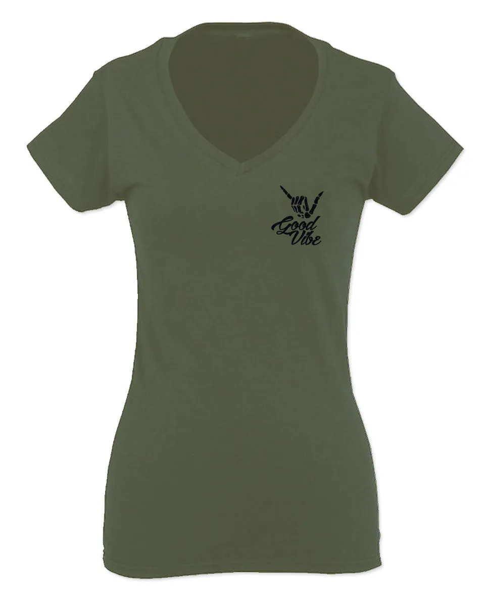 Black Good Vibe Bones Hand Shaka Cool Vintage Hipster Graphic For Women V neck fitted T Shirt