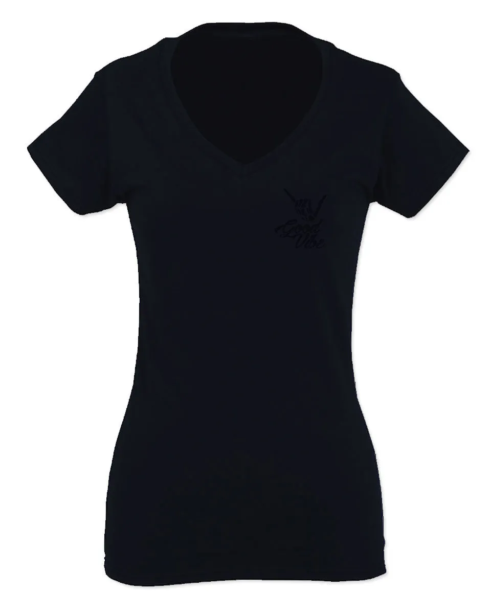 Black Good Vibe Bones Hand Shaka Cool Vintage Hipster Graphic For Women V neck fitted T Shirt