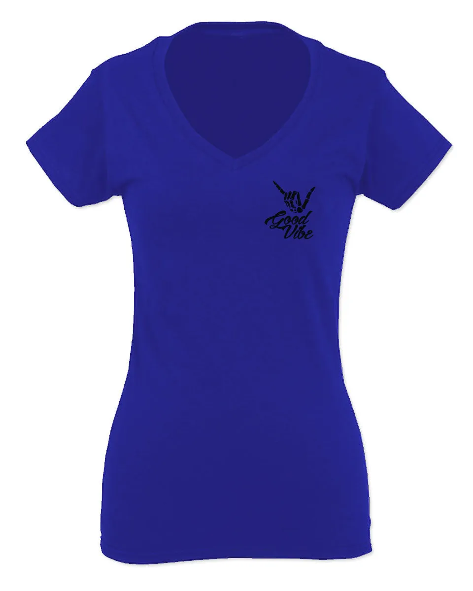 Black Good Vibe Bones Hand Shaka Cool Vintage Hipster Graphic For Women V neck fitted T Shirt