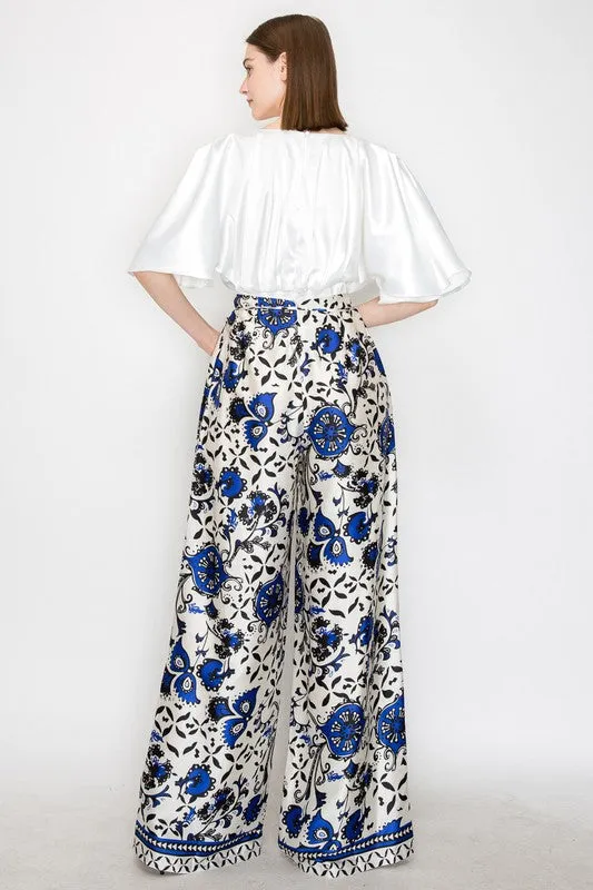 Blue Multi Satin Floral Print High-Waisted Wide Pants