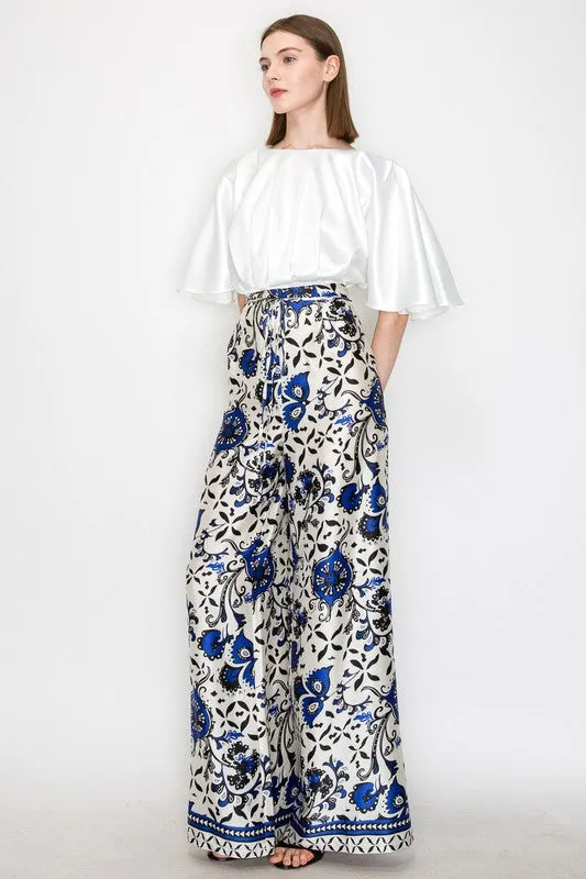 Blue Multi Satin Floral Print High-Waisted Wide Pants