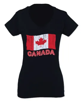 Canada Vintage Flag Canadian Pride Maple Leaf For Women V neck fitted T Shirt