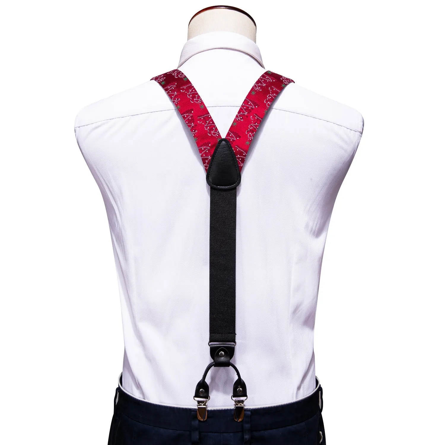 Christmas Red White Pine Snowflake Novelty Y Back Brace Clip-on Men's Suspender with Bow Tie Set
