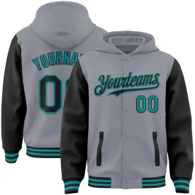 Custom Gray Black-Teal Bomber Full-Snap Varsity Letterman Two Tone Hoodie Jacket