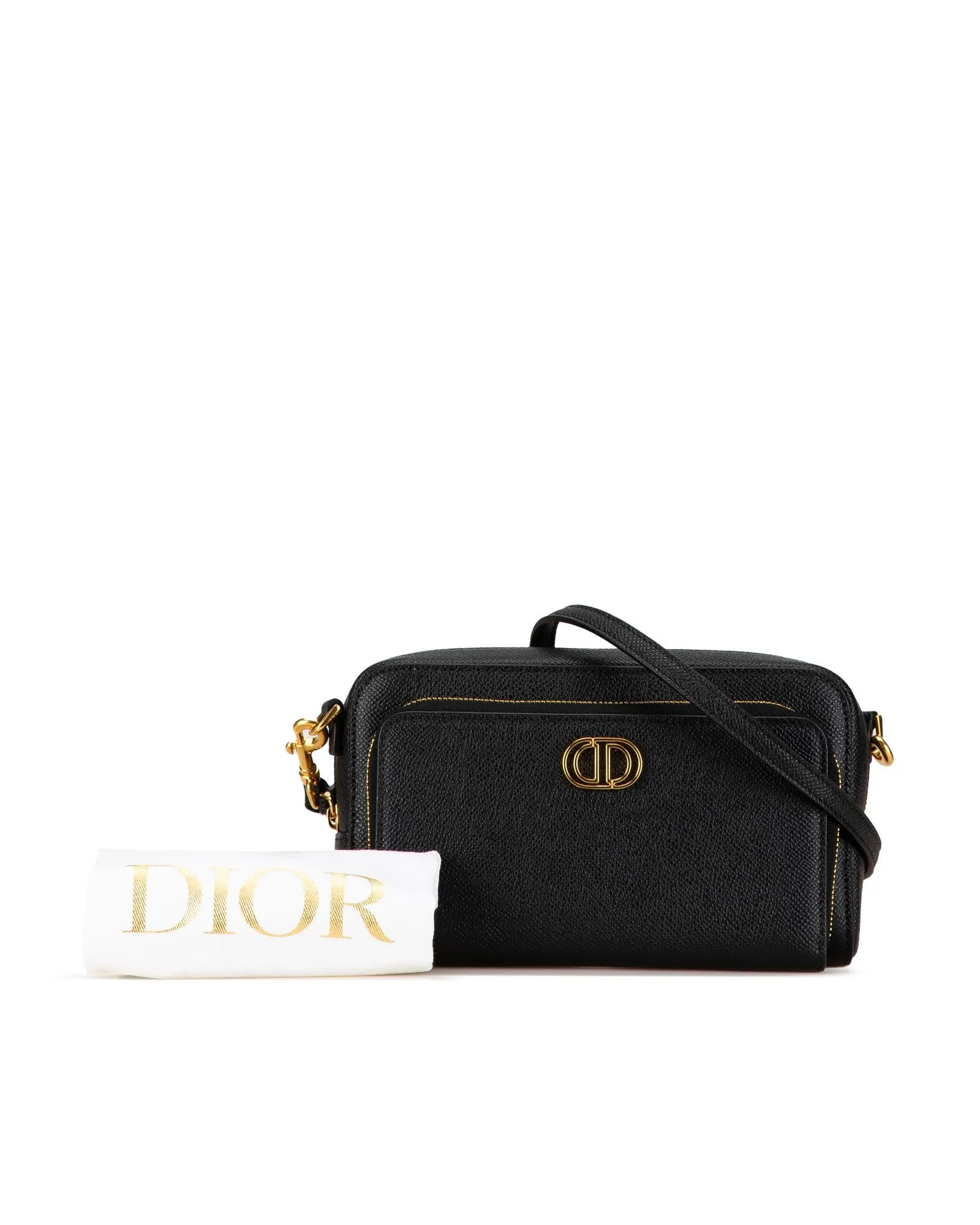 Grained Calfskin Double Pouch with Adjustable Strap and Zip Closure