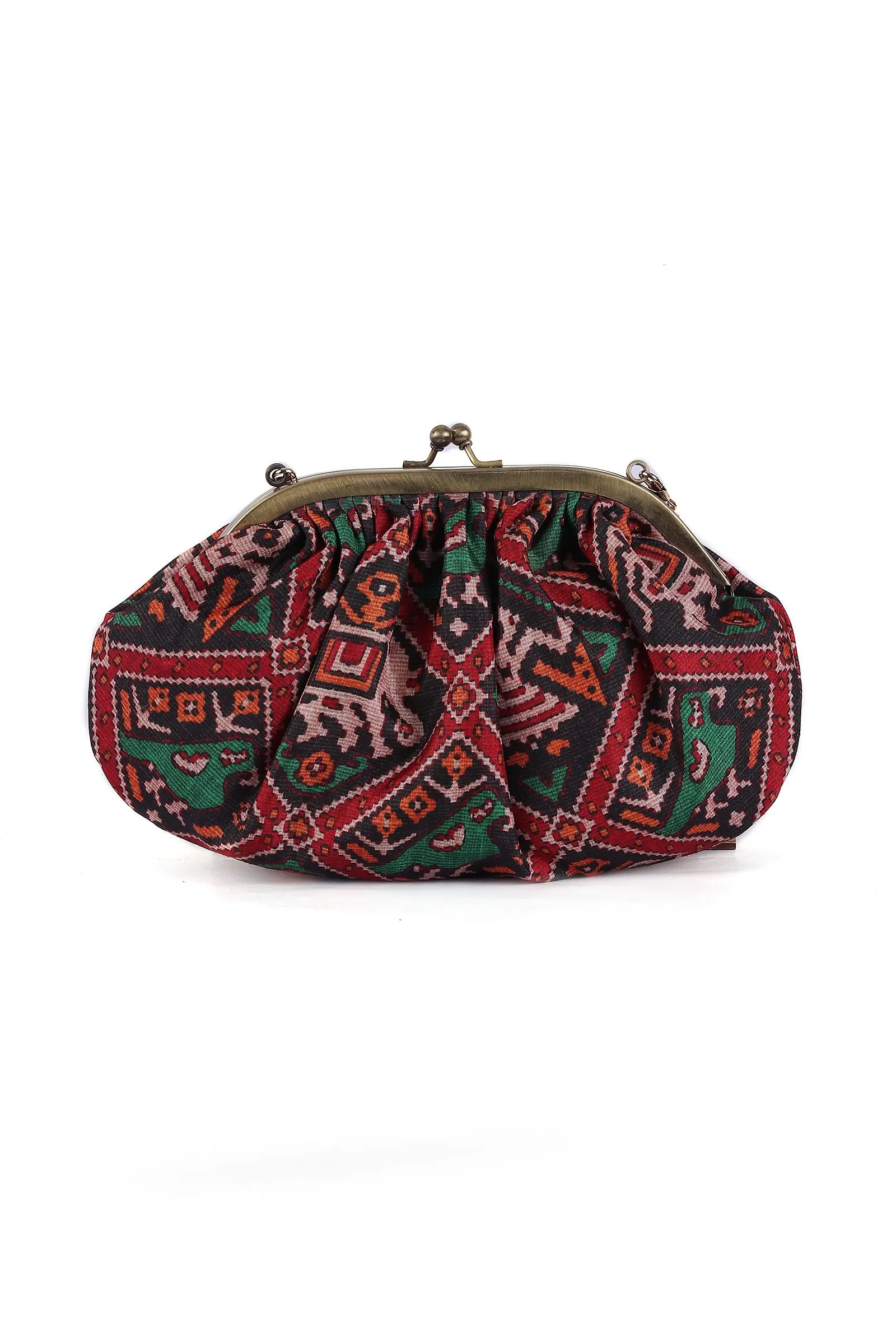 Green, Red & Multi Silk Patola Print Gathered Clutch
