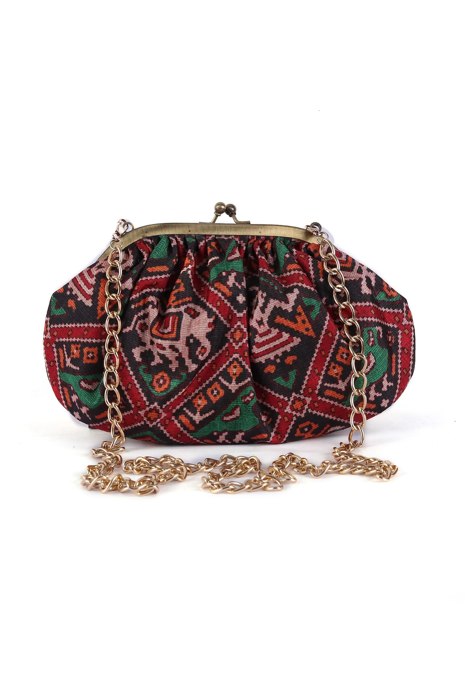 Green, Red & Multi Silk Patola Print Gathered Clutch
