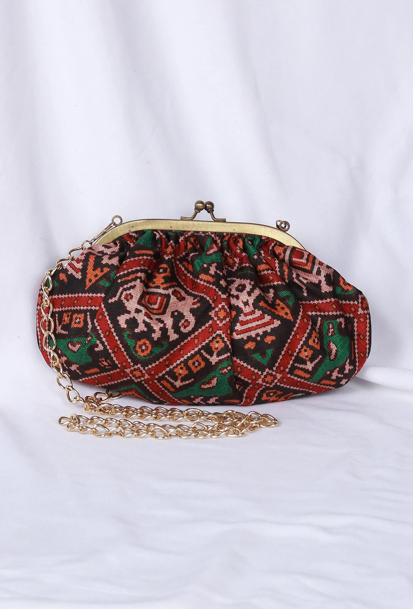 Green, Red & Multi Silk Patola Print Gathered Clutch