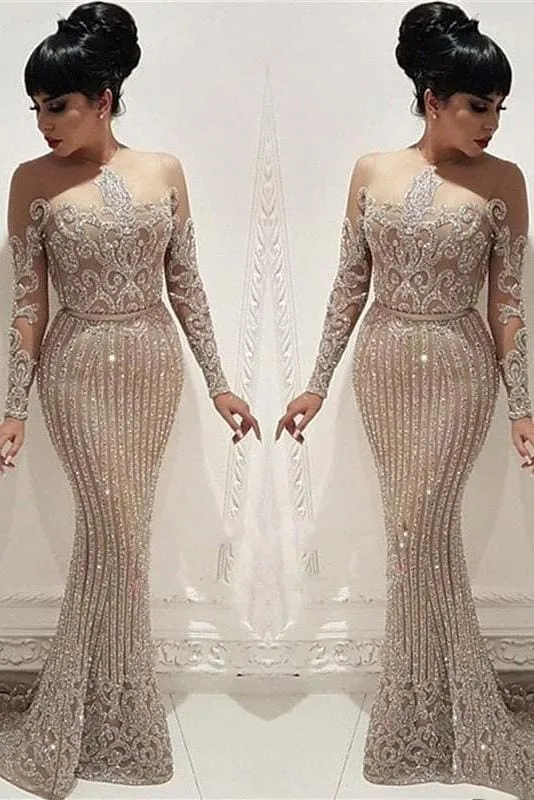 Luxury Beading Crystal Prom Dresses Long Illusion Long Sleeve Mermaid Formal Party Dresses