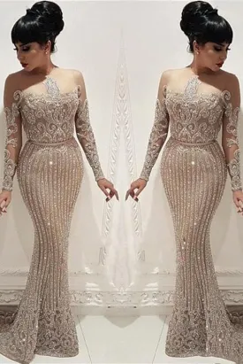 Luxury Beading Crystal Prom Dresses Long Illusion Long Sleeve Mermaid Formal Party Dresses