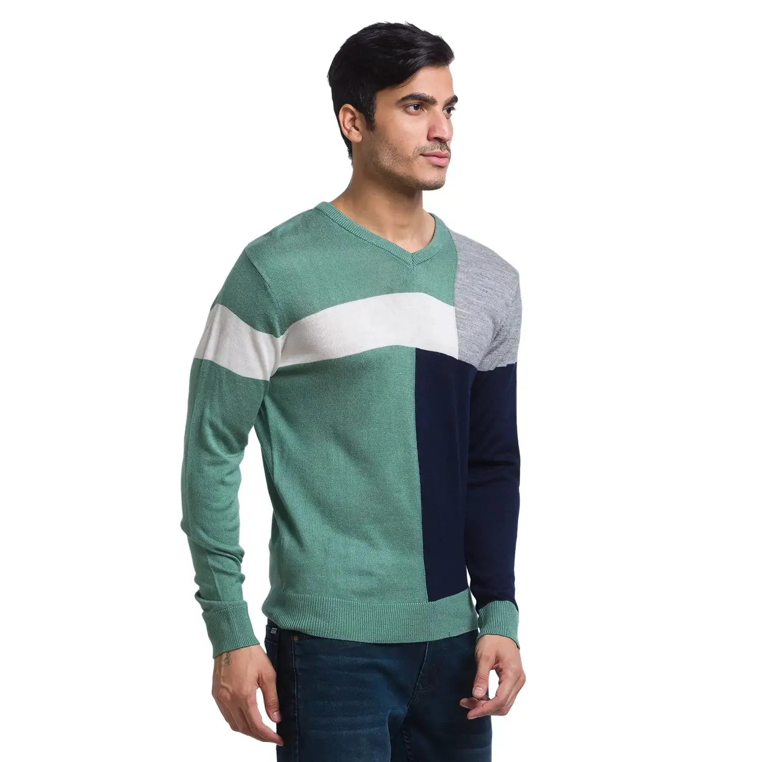 Men Green Intarsia Acrylic Full Sleeve Sweaters