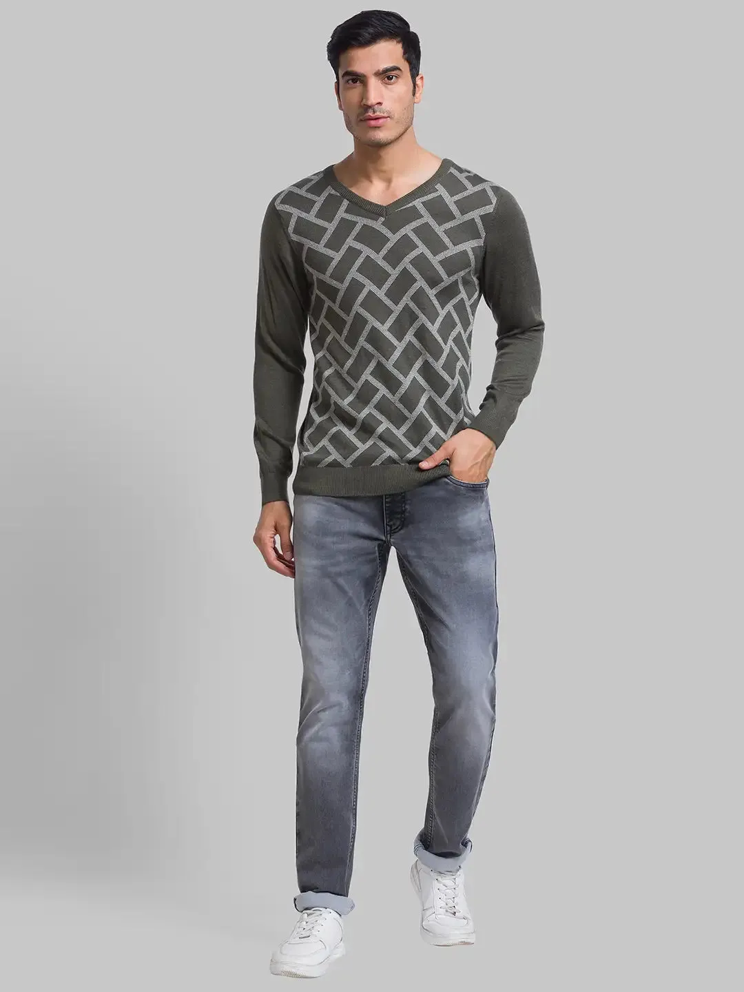 Men Green Jacquard Acrylic Blend Full Sleeve Sweaters