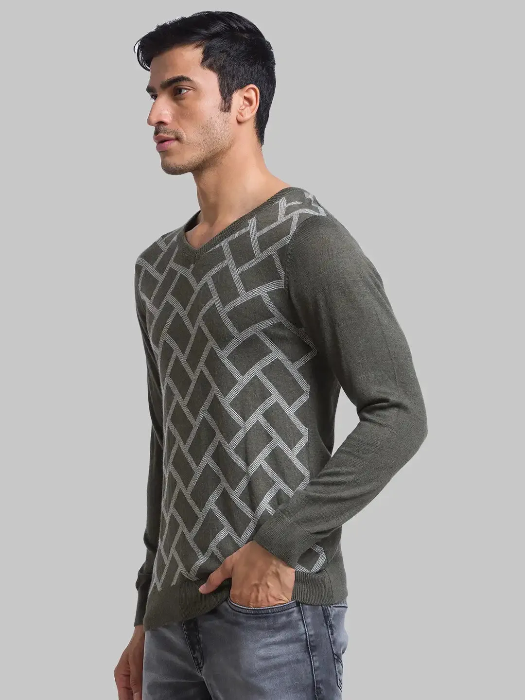 Men Green Jacquard Acrylic Blend Full Sleeve Sweaters