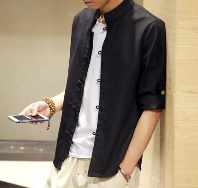 Mens Stand Collar Quarter Sleeve Shirt
