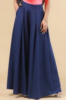 Navy Solid Color Women Wide Palazzo Pants