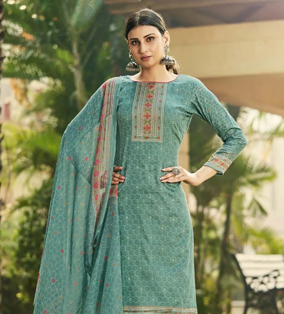 Pure Cotton Unstitched Green Salwar Suits With Chiffon Dupatta