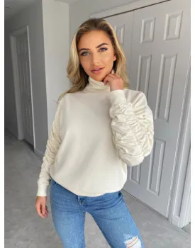 Ruched Sleeve High Neck Sweaters